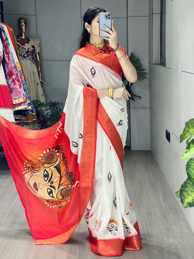 Beautiful White Silk Digital Printed Durga Pooja Saree With Blouse
